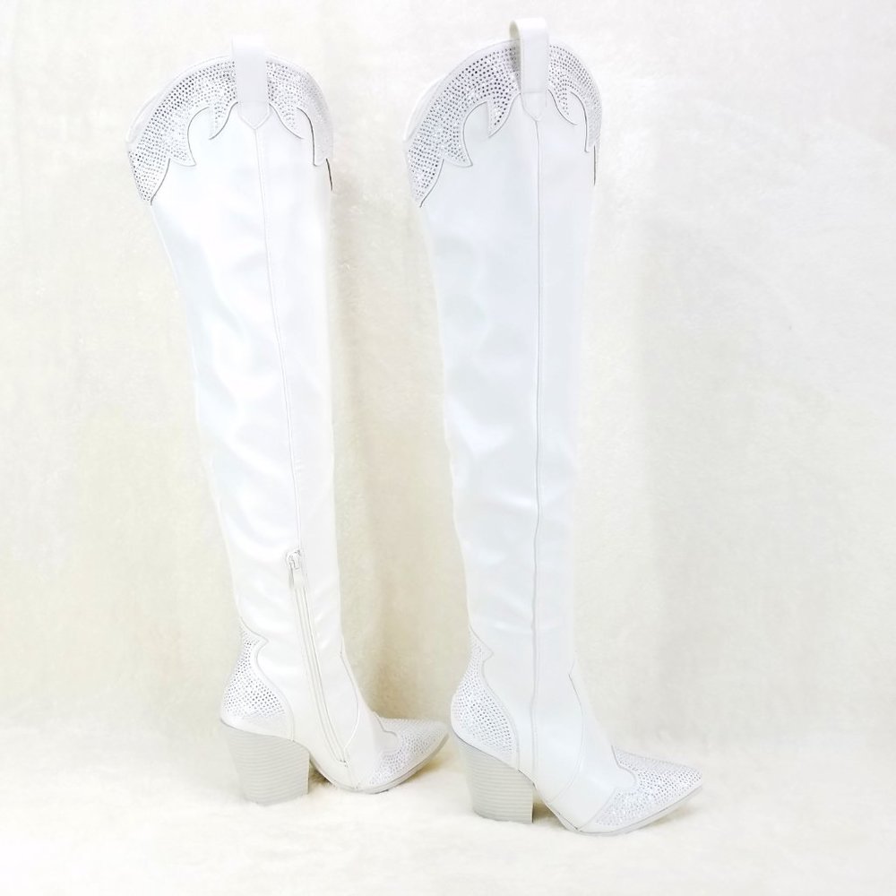 Primal Sexy White OTK Thigh Boots With Rhinestone Trims Country Western Cowgirl